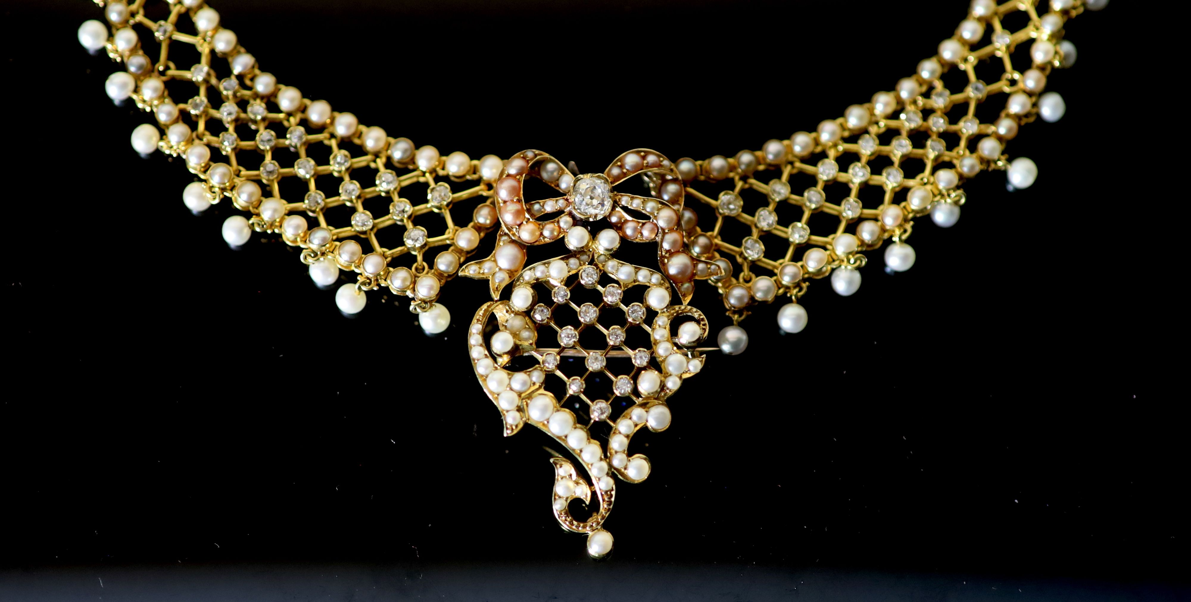 A good Victorian 15ct gold, pearl and diamond set drop pendant/brooch necklace,